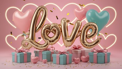 Love balloon text effect. Happy Valentine's Day. Realistic 3d festive decorative objects, heart shaped balloons and Love letter. gift boxes, glitter gold confetti. Holiday banner and poster