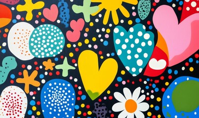 Vibrant abstract shapes, dots, and hearts on dark background.