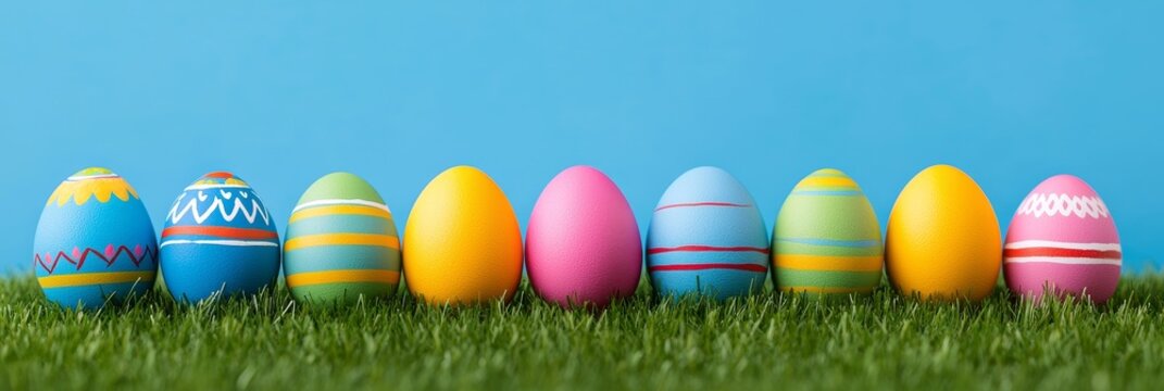 A wide format banner with Easter eggs and a green meadow, against a softly blurred background.