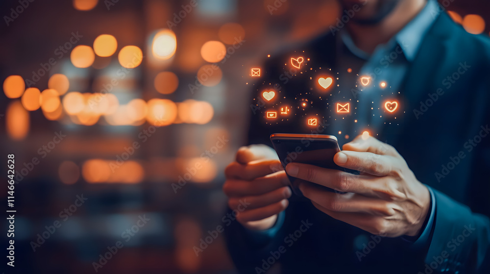 Poster man in suit interacting with smartphone displaying glowing social media icons in a warm lighted envi