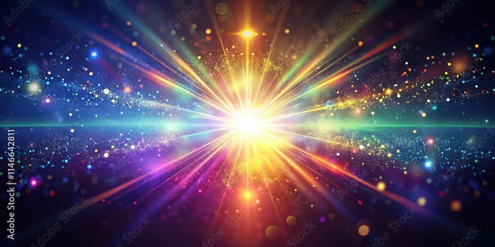 Poster a radiant starburst emanates vibrant light, illuminating a celestial realm of shimmering particles a