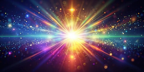 Fototapeta premium A radiant starburst emanates vibrant light, illuminating a celestial realm of shimmering particles and ethereal glow.