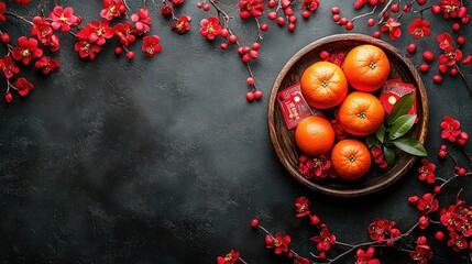 Top view of oranges, red envelopes, and flowers on dark background.