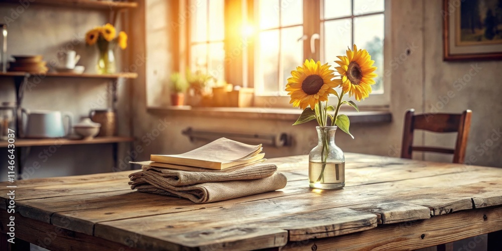 Poster a rustic wooden table bathed in warm sunlight with a stack of books and a vase of sunflowers, creati