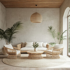 cozy living room featuring rattan sofa and chairs, surrounded by lush greenery. natural materials and soft colors create serene and inviting atmosphere