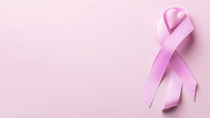 Pink ribbon and heart on pink background.