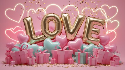 Love balloon text effect. Happy Valentine's Day. Realistic 3d festive decorative objects, heart shaped balloons and Love letter. gift boxes, glitter gold confetti. Holiday banner and poster