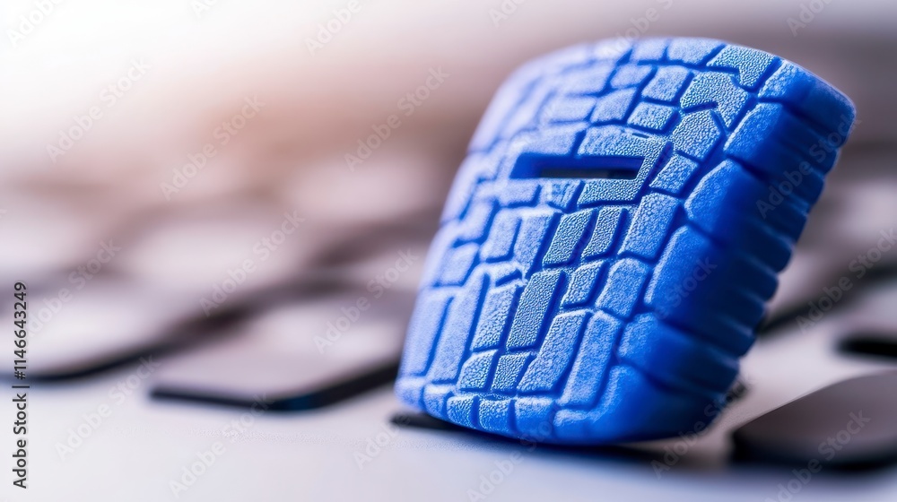 Poster a close-up of a blue textured object resting on a keyboard, showcasing its unique design and color a
