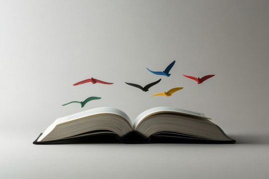 Open Book with Colorful Paper Birds Flying Above Represents Imagination and Creativity in Minimalist Style
