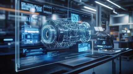 A futuristic engine technology demo in an advanced automotive research facility.