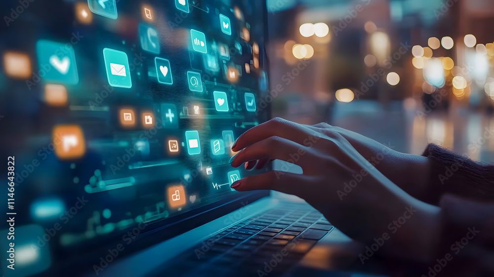 Poster person using laptop with colorful application icons in a dark setting for digital communication and 