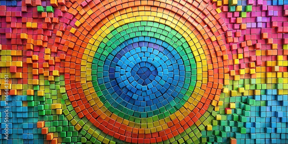 Poster A vibrant abstract composition of colorful square blocks arranged in a circular pattern, resembling a rainbow.