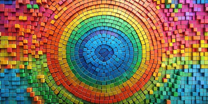 A vibrant abstract composition of colorful square blocks arranged in a circular pattern, resembling a rainbow.