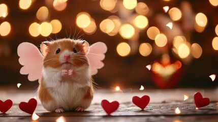Cute Hamster with Angel Wings Surrounded by Hearts and Sparkling Lights