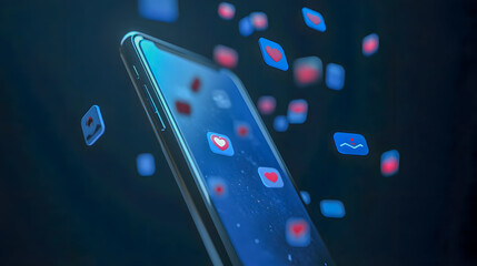 Close-up of a smartphone with floating social media icons showcasing digital connectivity and virtual engagement in a modern tech environment