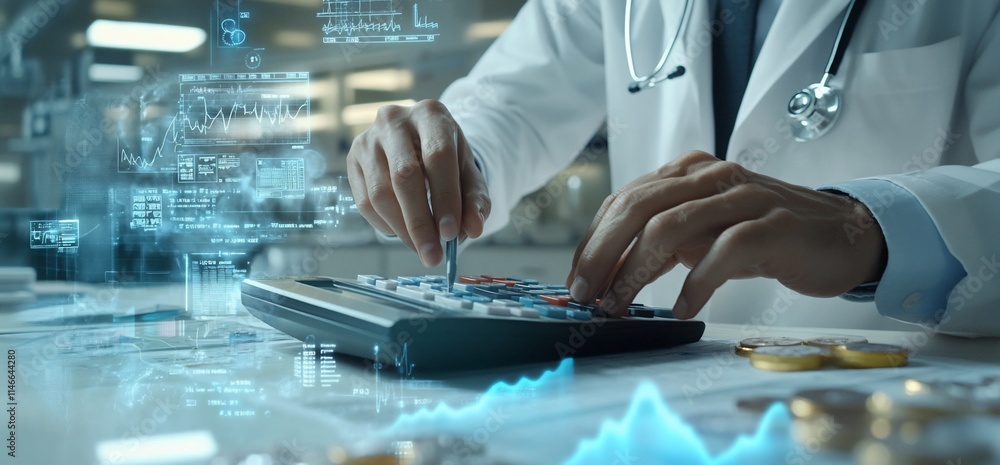 Poster a doctor using a calculator with digital data overlays in a medical setting.