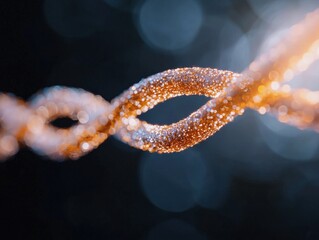A close-up view of a shimmering, twisted strand illuminated against a blurred background, showcasing intricate details and reflections.