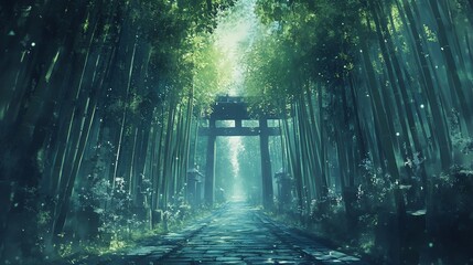 Serene bamboo forest path leading to torii gate.