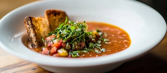 Tomato soup garnished with croutons and fresh herbs in white bowl
