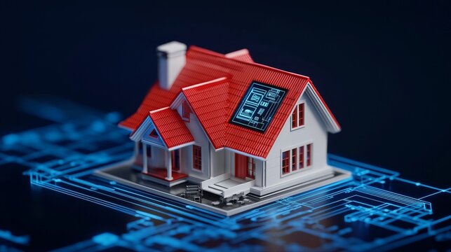 The idea of a technology integration plan for buying a house, illustrated with smart home icons, tech gadgets, and strategic technology planning.