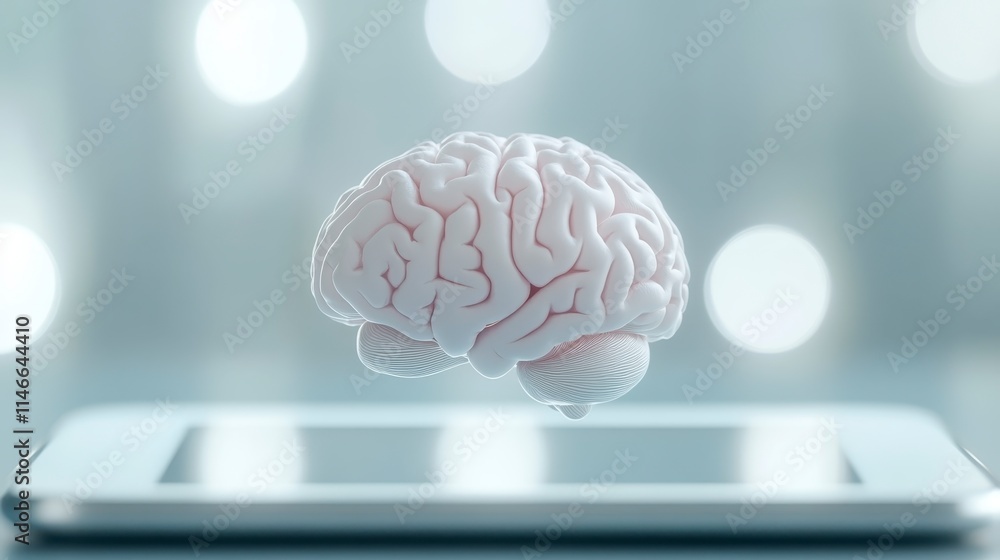 Poster a floating brain above a tablet, symbolizing technology's connection to neuroscience and cognitive f