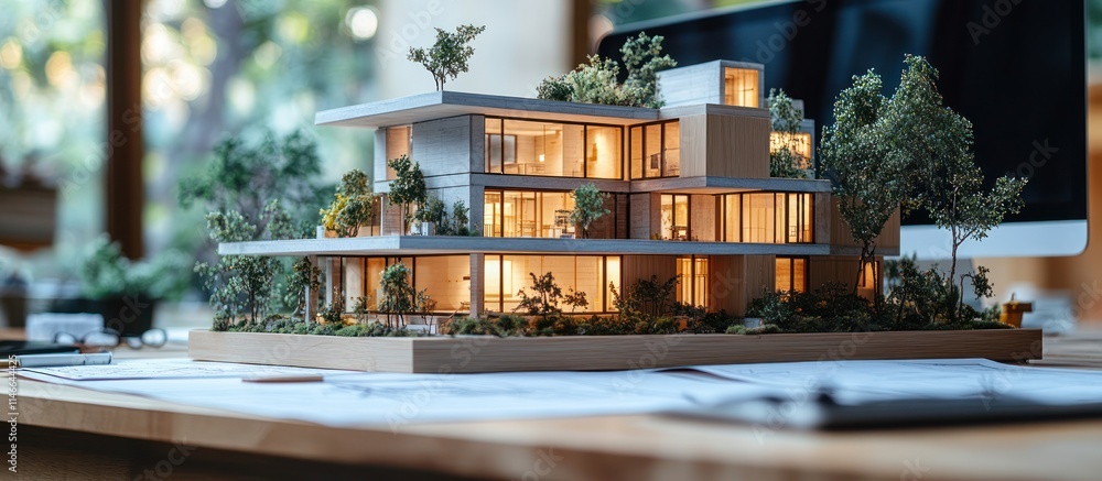 Poster Illuminated architectural model of a modern house with surrounding trees on a desk.