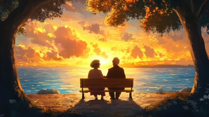 Obraz premium elderly couple watching sunset by the sea