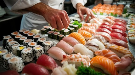 Obraz premium A chef skillfully arranges an array of sushi, showcasing various types, including rolls and sashimi, in a vibrant culinary display.