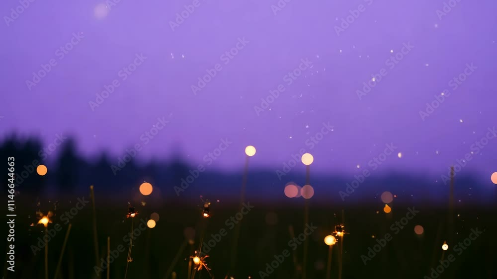 Poster sparkling lights illuminate a serene landscape at twilight in a peaceful field