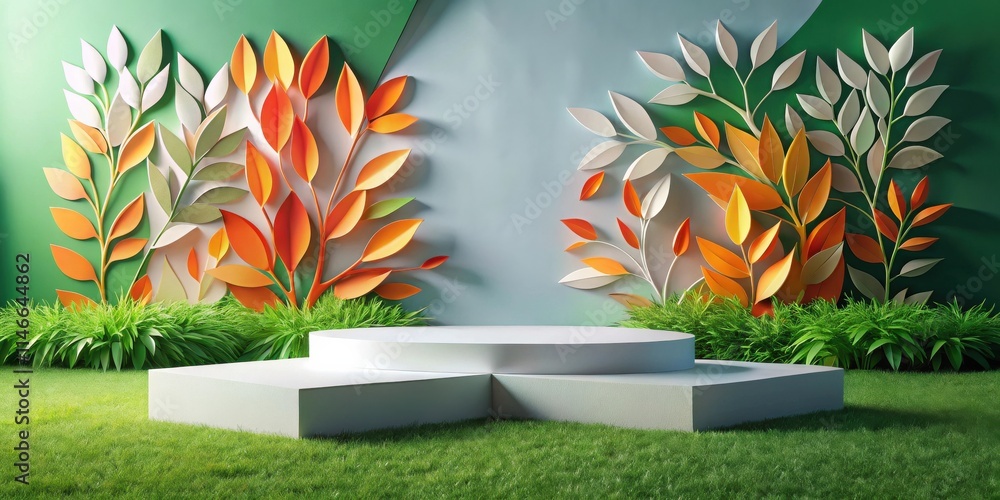 Poster A Minimalist White Podium Adorned with Lush Green Grass and Paper Cutout Leaves in Vibrant Colors, Creating a Serene and Elegant Display