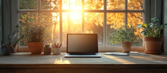 Laptop on windowsill with plants, sunrise.
