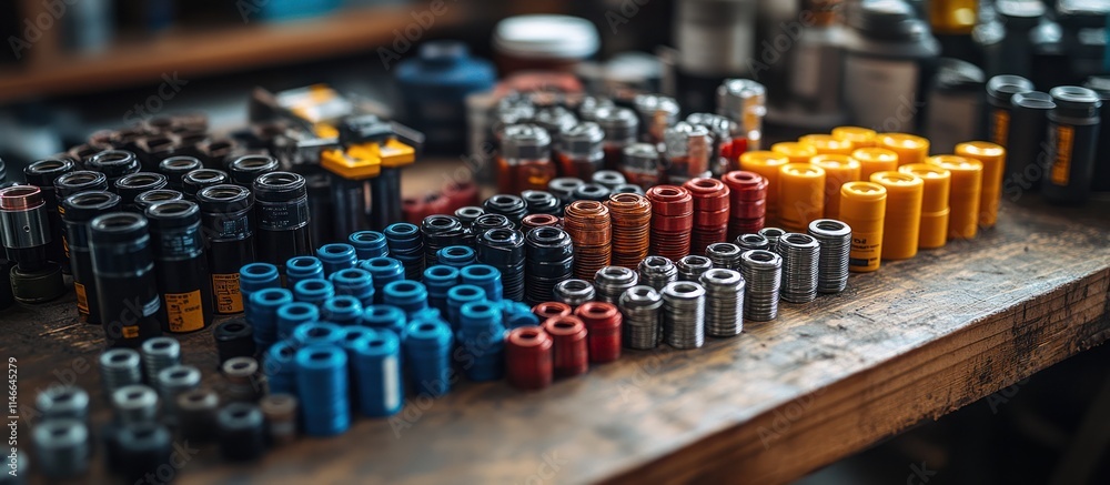 Poster assorted colored components on workbench.