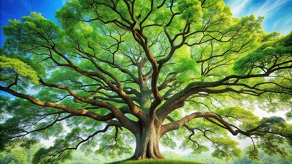 Obraz premium A majestic tree with sprawling branches and lush foliage, reaching towards a bright blue sky, showcasing the beauty and power of nature