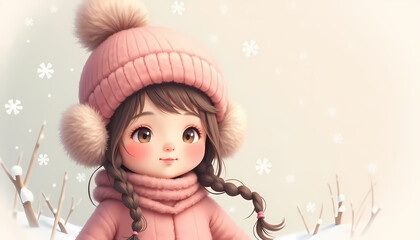 Fototapeta premium Adorable girl in pink winter attire with braided hair and pom-pom hat enjoying the snowy weather