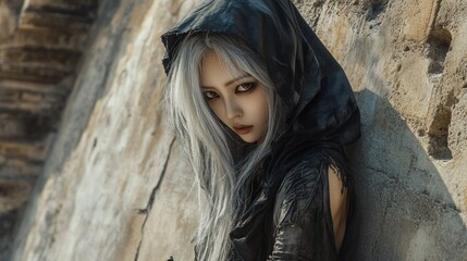 An Asian female assassin with white hair under her hood, leaning against a stone wall in an ancient city background wallpaper AI generated image