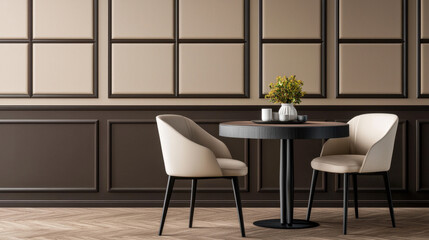 Fototapeta premium Elegant dining room with textured wall panels, featuring round table and two chairs. warm tones create cozy atmosphere, perfect for intimate gatherings