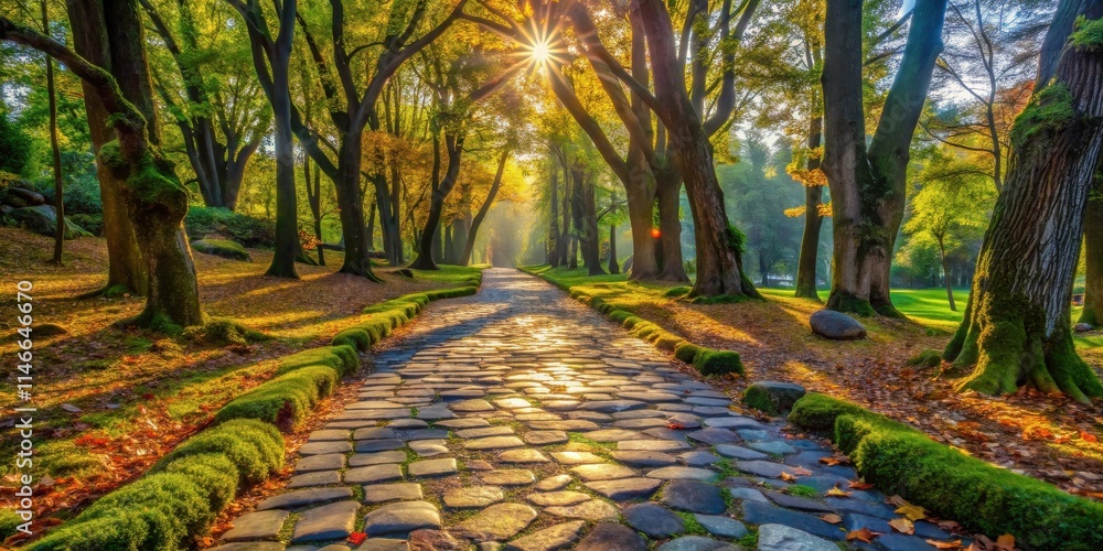 Poster a sun-drenched path meandering through a forest, illuminated by the golden glow of morning light, th
