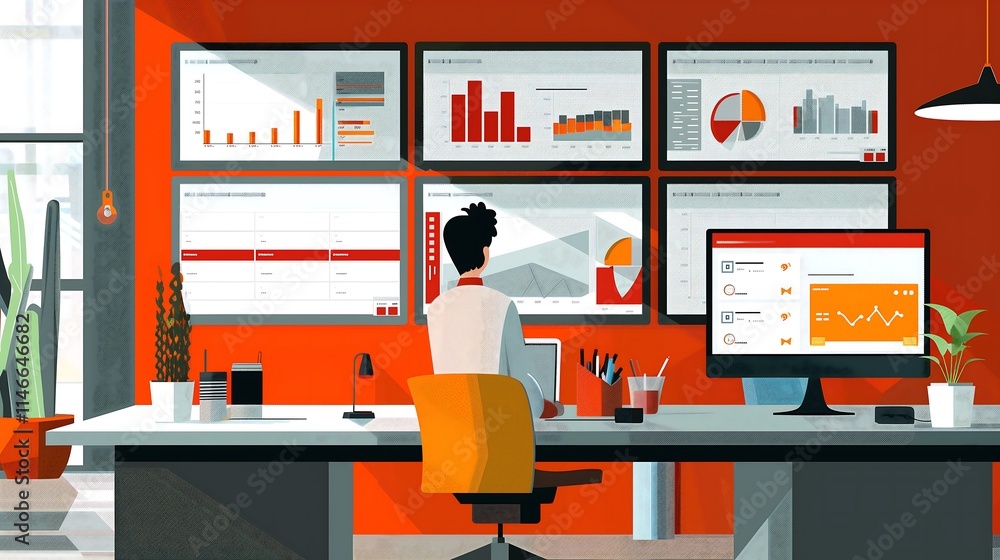 Poster modern co-working space featuring multiple screens with synchronized business dashboards showing rev