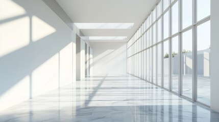 An open, airy space with smooth white walls and large windows letting in natural light