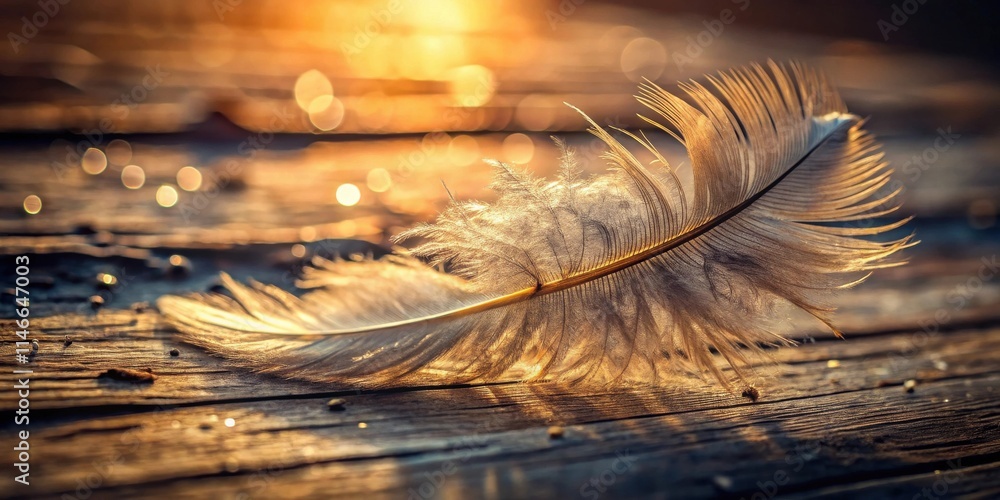 Poster a single white feather rests on a weathered wooden surface, bathed in the warm glow of a setting sun
