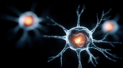 A close-up view of neurons with glowing centers, showcasing their intricate structures and connections against a dark background.