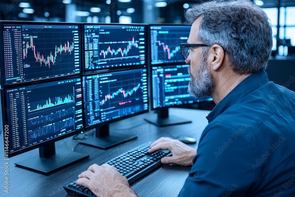 Poster a financial analyst is using a computer with multiple monitors to work with real-time stock data.