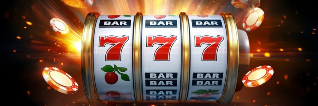 Image of a slot machine display in a casino, concept of gambling, gambling addiction, online casino game, banner	