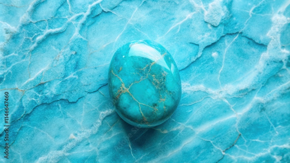 Poster a smooth, polished turquoise stone rests on a backdrop of blue marble, its intricate veins mirroring