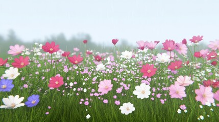 Serene Cosmos Flower Field Under a Misty Sky