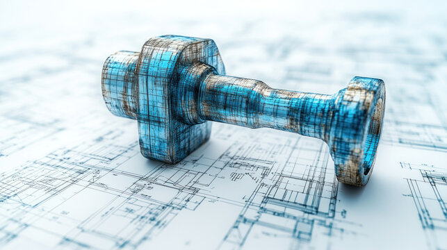 3D-rendered metallic bolt on blueprint.