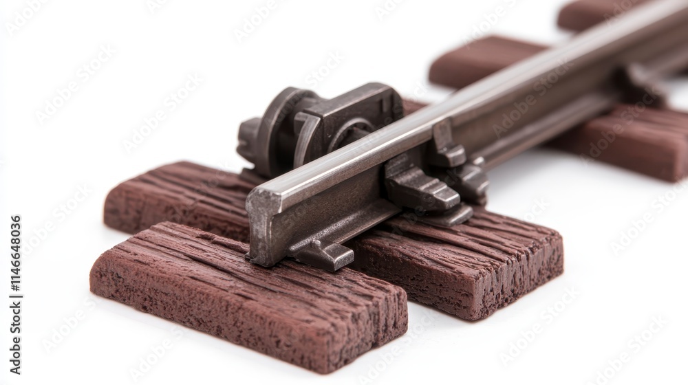 Poster a close-up of a railway track segment, showcasing metal rails and wooden ties, highlighting the cons