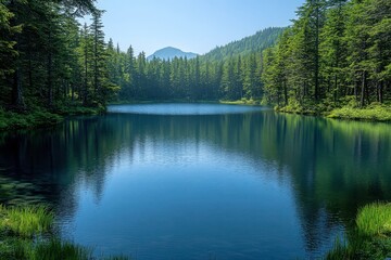 Obraz premium Tranquil Lake Surrounded by Lush Green Forests