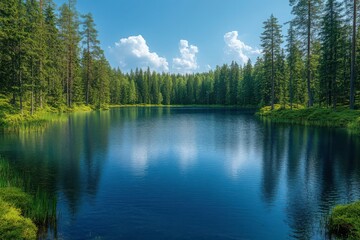 Fototapeta premium Peaceful Lake Surrounded by Lush Green Forest