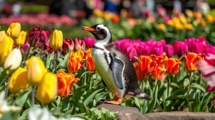 Fototapeta premium Gentoo Penguin Standing Among Colorful Tulips in a Vibrant Flower Garden